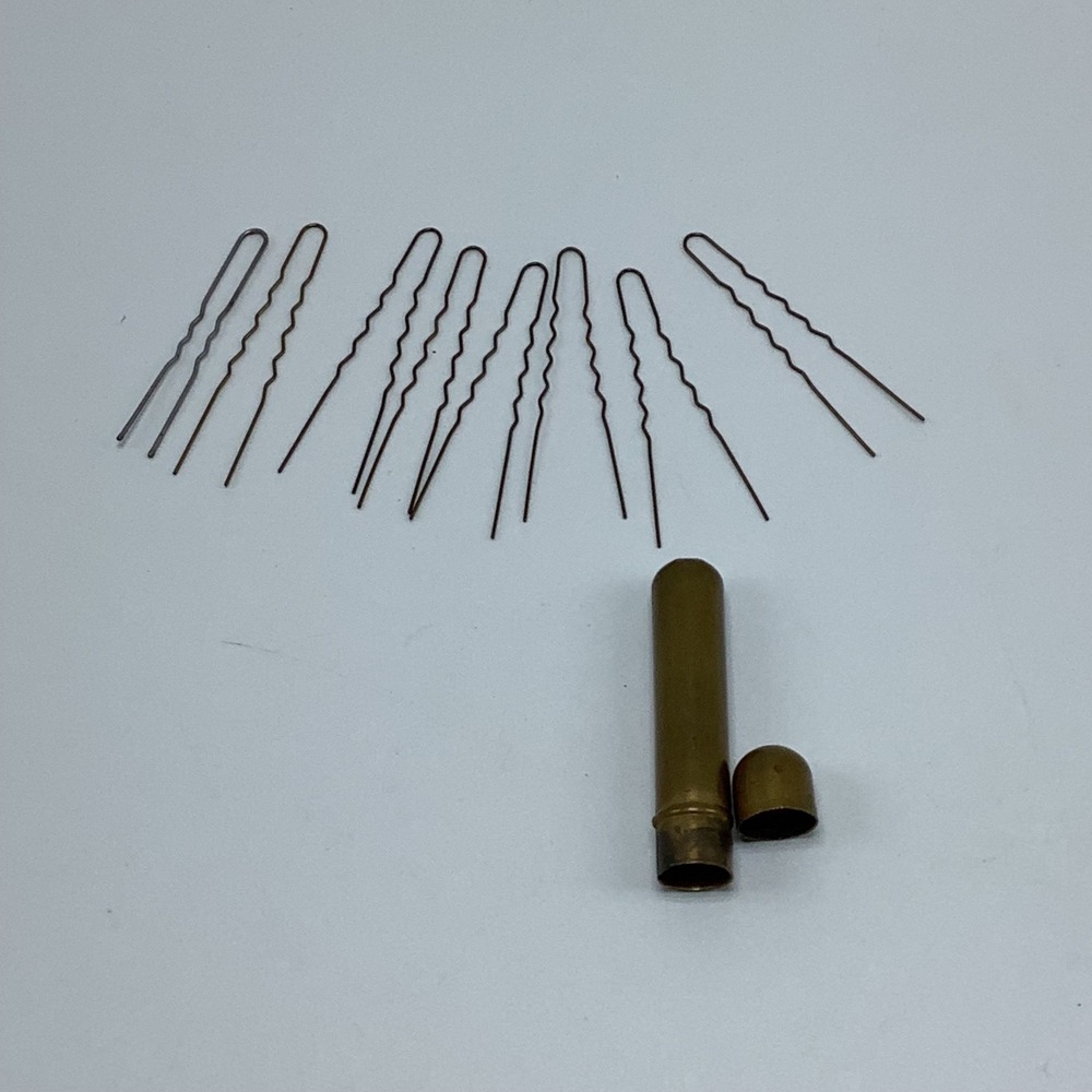 Vintage Gold Metal Bobby Pin Tube Holder & 8‎ Bobby Pins